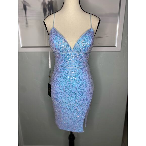 Lucci Lu Short Sequin Cocktail Dress with Lace Up Back 4138 - Picture 3 of 10